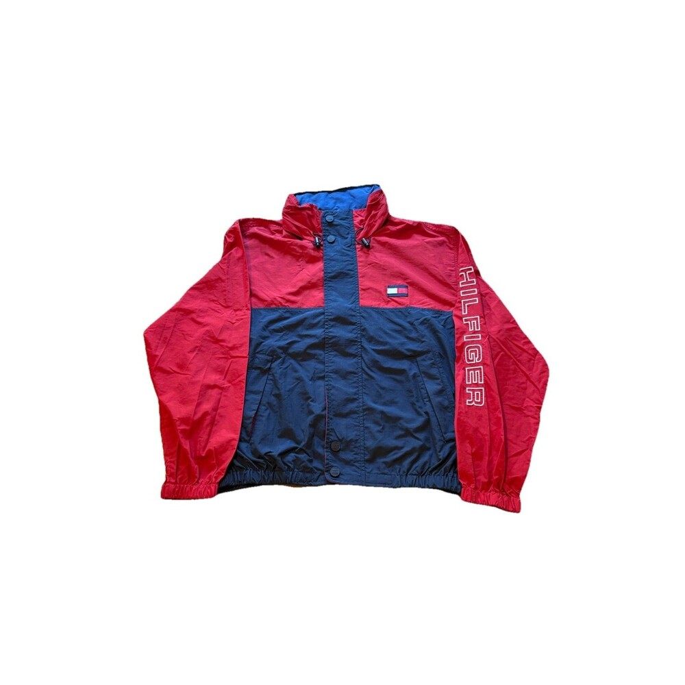 Vintage Tommy Hilfiger Jacket Mens Large Red Spell Out Hooded Windbreaker 90s